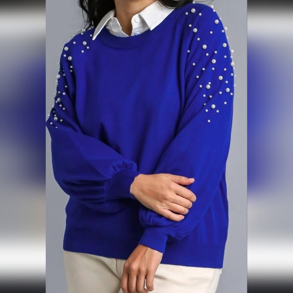 NWT Umgee Blue Pearl-Embellished Sweater